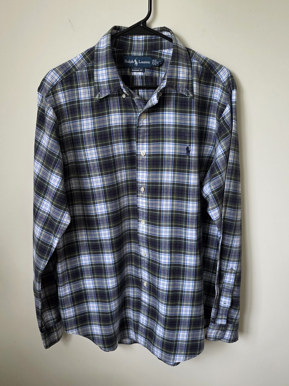 Ralph Lauren Classic Fit Plaid Button Front Shirt Men's L Blue Green 100% Cotton